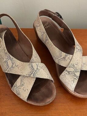 Dansko Beige Snake-Print Crisscross Slingback Sandals